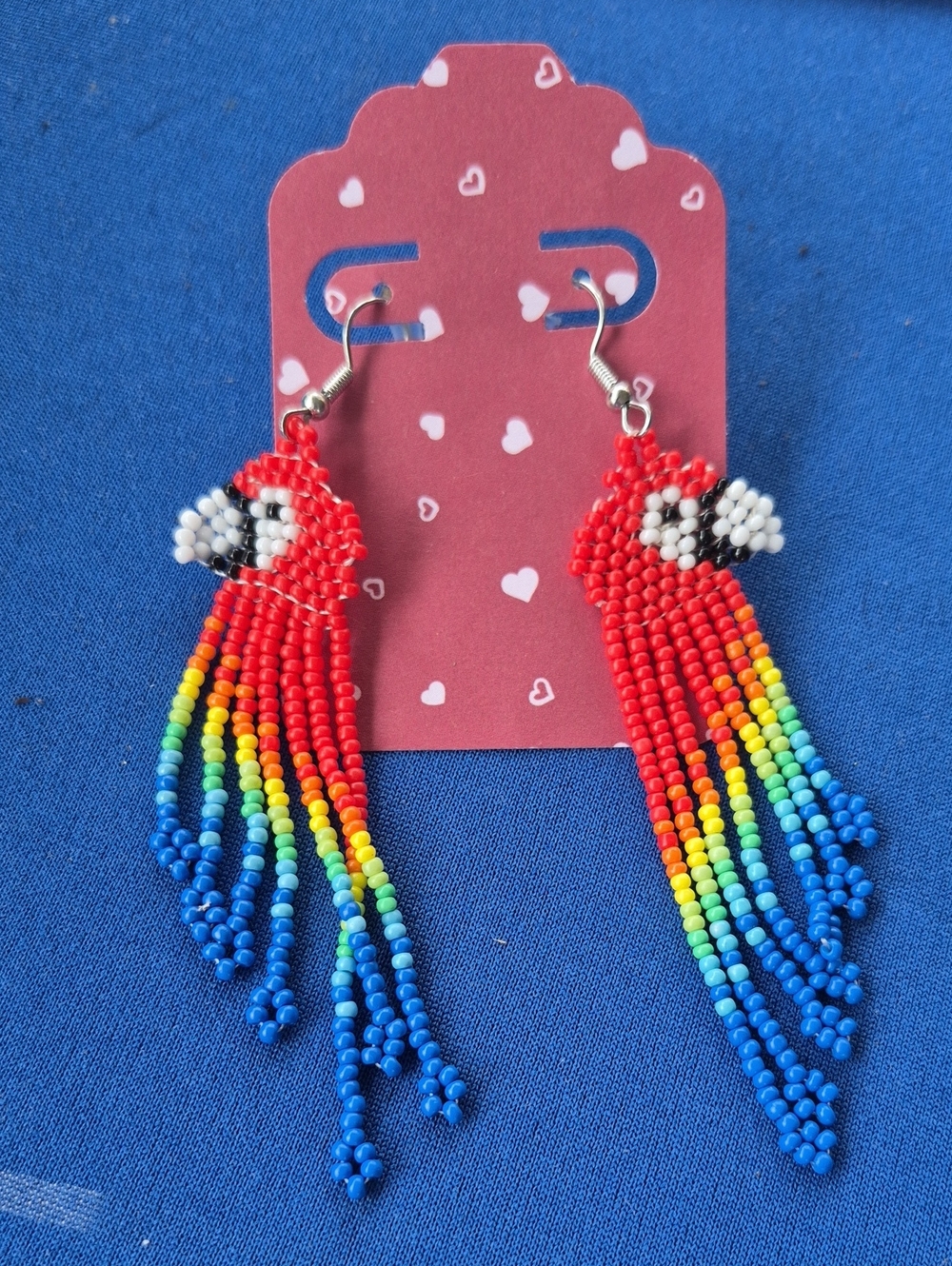 Hand-made HUICHOL Glass Seed Bead dangle earrings 🦜 Curtain Fringe PARROT